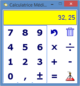 Onscreen calculator with large, dark blue numbers, and mathematical operations.
