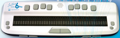 A white Braille keyboard with rounded front edges 4 keys on top above the touch keys and 2 bottom right, 2 bottom left and 2 bottom center.