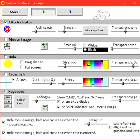 A screenshot of a computer screen with the menu for "Spot on the Mouse". Beginning each row there is an icon with slide button options. The Choices are for Click Indicator, Mouse Image Halo, Cross hair, and Keyboard. The last group of choices has to do with "Hide the mouse image, when..."