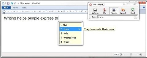 Text in a document with a pop-up window of word prediction choices.