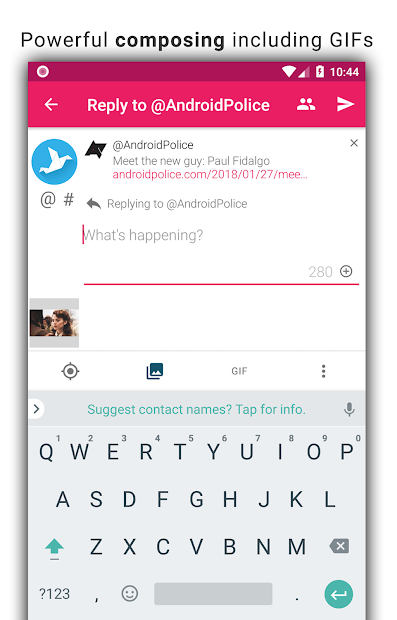The "Reply" screen to reply to tweets, which includes a blank line to type text and a keyboard below. 