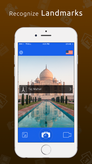 A mobile phone screen featuring the Taj Mahal with text over it that reads "Taj Mahal" and a caption above the screenshot that reads "Recognize Landmarks".