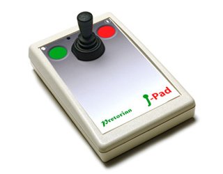 Joystick mounted onto rectangular base at upper center of box, surrounded by two medium-sized buttons--one green, one red.