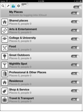 An iPad's screen with a listing of My Places: such as Shared places, Arts & Entertainment, College & University, Food, Great Outdoors, Nightlife Spot, Professional & Other Places, Residence, Shop & Service, and Travel & Transport. Each of these categories have an icon, a slide button that in this example reads "on", and a number for Places and People in each category. The topmost line is also "on" and it has the search icon, wrench, and settings icon.