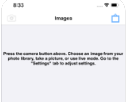 A partial screen of an iPhone that shows the word "Images" in the middle of the first line, with an icon of a camera to its left and a blue icon rectangle on its right. The text below this reads, " Press the camera button above, Choose an image from your photo library, take a picture, or use live mode. Go to the "settings" tab to adjust settings".