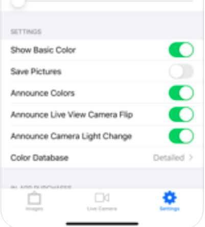 A partial screen of an iPhone featuring the settings of the app with slide buttons to activate. Shown are: Show Basic Color, Save Pictures, Announce Colors, Announce Live View Camera Flip, Announce Camera Light Change, and Color Database, which has the option in use "Detailed".