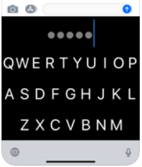 A partial iPhone with a black background and a QWERTY keyboard written in white capital letters. On the first line are 5 large white dots which are followed by a blue cursor line.
