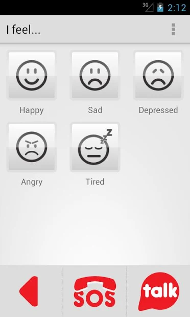 An emotions aac board on smartphone is shown. There are 5 smiley/frowning type circle faces drawn with 3 red buttons on the bottom to go back, SOS, and Talk.