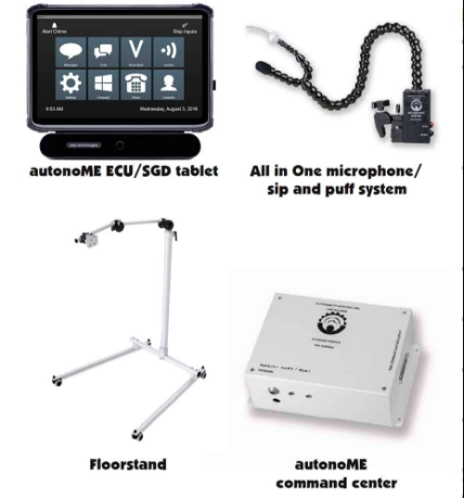 Four devices: the AutonoME ECU/SGD tablet which is a display on a stand with a 2x4 grid of icons for dialog, phone, computer, call, sound, settings, etc. Next is an all in one mic/sip and puff system with tubing and a mounting clamp. Below is a floor stand with a roller and an overhanging arm. Last is the autonoMe command center: a rectangular white device with a plug-in port and 2 LED indicator lights on the front edge.