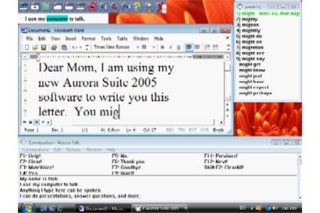 Three windows open - a Word document with large text, Aurora Suite 2005, and a text selection tab.