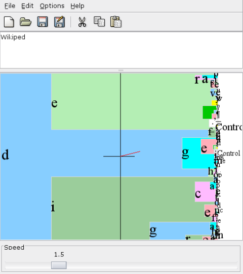Screenshot with text input and different colored and shaped pieces with letters underneath, the most likely next letter to be typed has the largest shape.