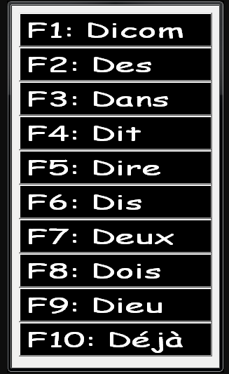 A table with 10 rows: each row has an F1-10 number and is followed by a word that begins with the letter D.
