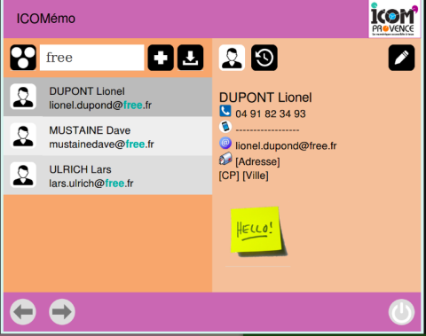 A screenshot of a computer screen with contacts listed in the left column. The first name is highlighted and on the right is the contact's information, with a yellow post-it attached saying hello. There are tools at the top of the list for adding, editing, and scheduling.