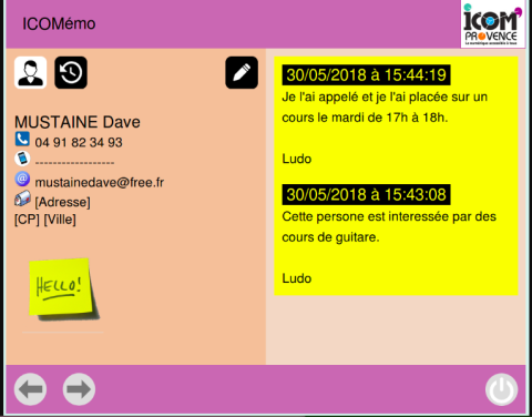 A screenshot of a computer screen with a contact's name and information and a pencil button in the left column and a time schedule with actions to be taken on the right.