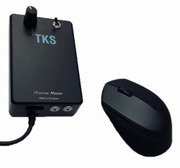 A small rectangular device with a cord attached, outputs on the end, controls on the front, and a mouse next to it.