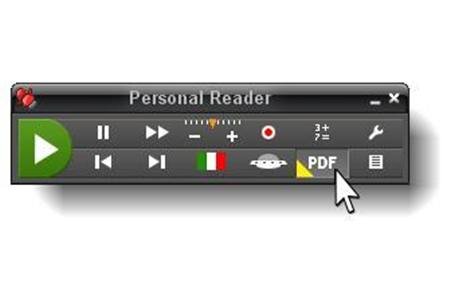 Personal Reader control tab with a large green play button on far left and two horizontal rows of function buttons, including pause, fast forward, and rewind.