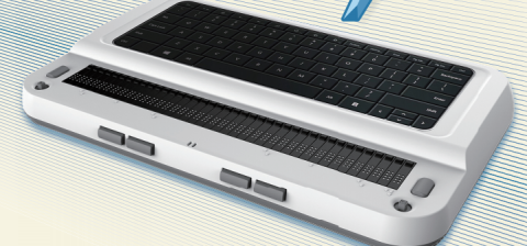A white double-decker keyboard with a full QWERTY on top and a Braille keyboard below it. There are 2 keys on either side of the touch keys and 2 keys on either side of the center on the front edge.