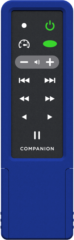 A long blue rectangular device with a menu options including power, volume, play, pause, fast-forward, rewind, and other options.