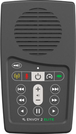 A gray rectangular device with a speaker at the top and menu options below, including radio, microphone, flashlight, playback speed control, and other options. 