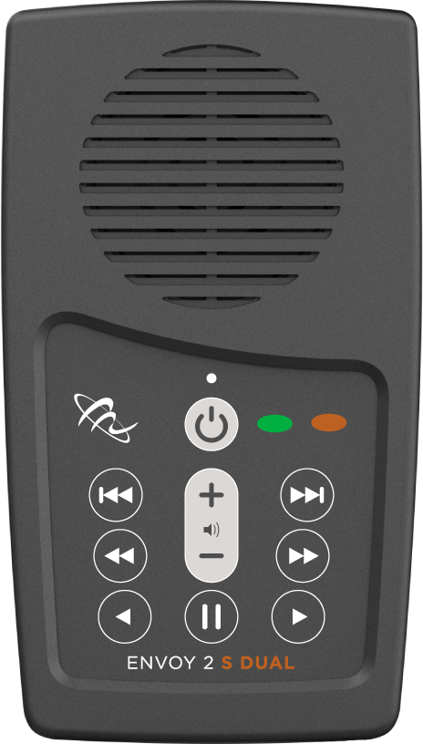 A gray rectangular device with a speaker at the top and menu options below, including volume, power, play, fast-forward, rewind, and other options. 