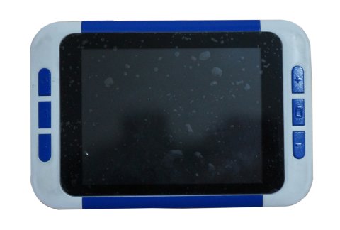 A blue and gray handheld video magnifier with menup options on the left and right.