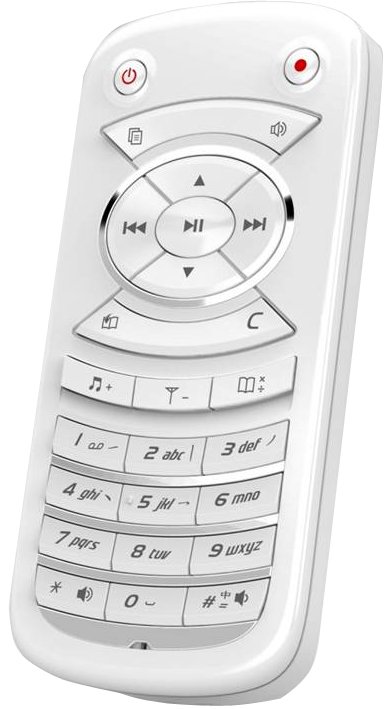 A white remote type of device with play, pause, rewind, and fast-forward buttons above a number pad. 