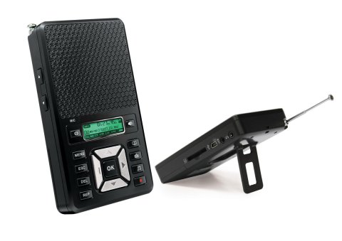 A black rectangular device with a speaker above menu options next to a smaller rectangular device with a stand and an antenna.
