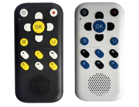 A black and a gray remote type of device with tactile menu buttons and a speaker below.