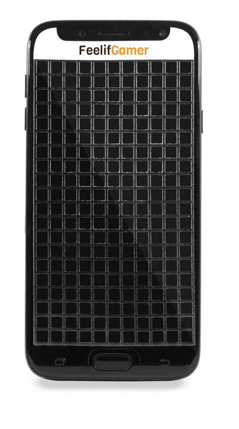 A black smartphone with tactile gridlines over the surface.
