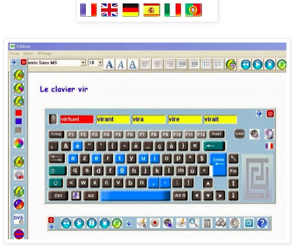 A virtual keyboard with keys in different colors. The text box is at the top, below a toolbar, and auto-word suggestions are below this, in yellow. There is a toolbar on the right and another below the keyboard. Above the screen are 6 different nations' flags.