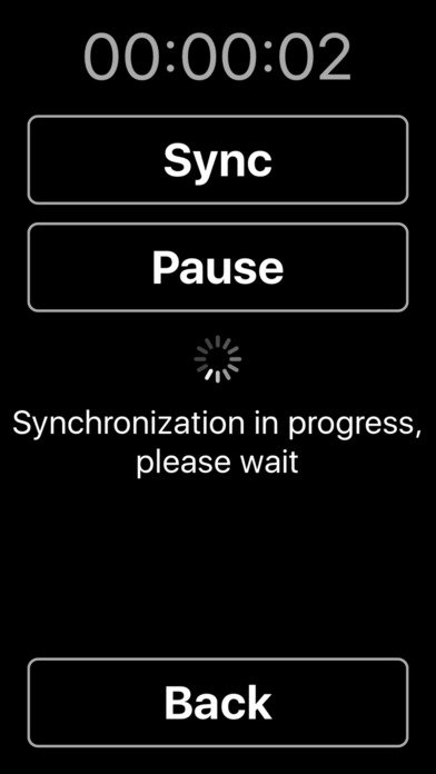 Screenshot of MovieReading app synchronizing to a movie being viewed elsewhere in the room. There is a timer with .02 seconds. Below that are two large buttons labeled Sync and Pause. "Synchronization in progress, please wait" message is shown. At the bottom is a button labeled "Back".