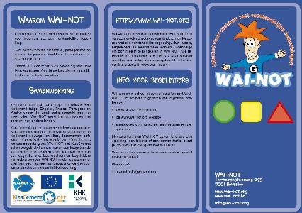 Screenshot of WAI-NOT brochure, which includes the logo, the website, and information about the product on three different panels.
