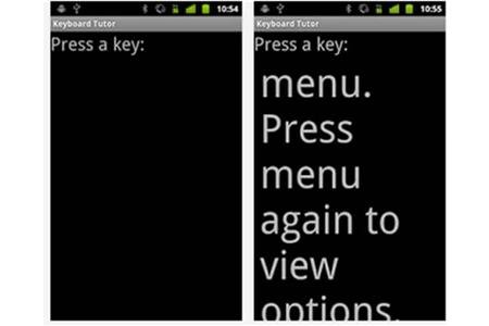 Screenshot with two columns. The left column says "press a key," and the right column says "press menu again to view options."