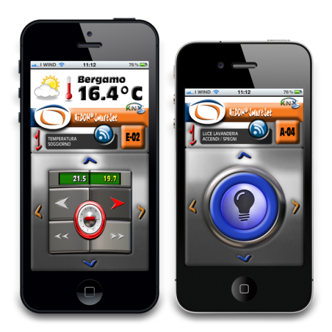 HiDOM SmartSet app opened on two iPhones. One phone display shows the temperature with buttons to increase in red or decrease, which is white. The other phone has a large blue button with a light bulb on it surrounded by 4 arrows, one each at the four compass points.
