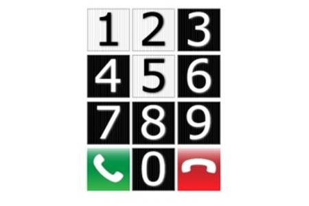 Keypad with numbers 1, 2, 5 are black on white keys; 3,4,7-9 are white on black keys. The bottom row has a white phone on a green key in a "use" position on the left, and a white phone on a red key with a phone at rest on the right