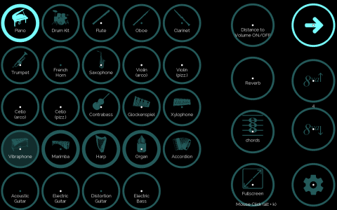 EyeHarp sound options featuring a set of round buttons in black background. The buttons include musical instruments and options for volume, effects, and more.