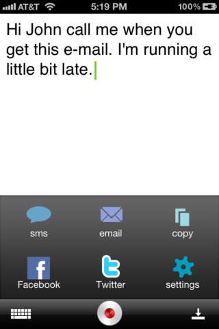 Screen of voice-to-text transcription on a mobile phone.