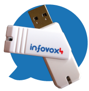 White USB drive and cover with Infovox 4 logo inside a blue conversation bubble.