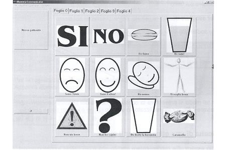 Pictogram symbol menu showing simply drawn facial expressions, food items, and punctuation symbols like question mark and exclamation.