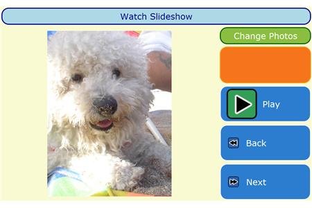 A photo of a dog on the left-hand side and play, back, next, and change photos menu options on the right. 