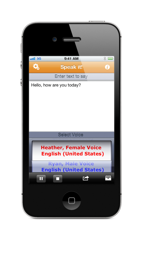 Speak It! on an iphone with a text field and voice options.