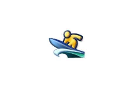Stylized image of yellow-colored man surfing.