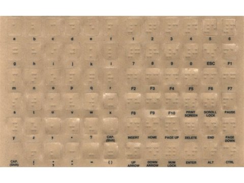 White-colored sticker sheet with braille keyboard keys. The written lettering is printed below on each sticker.
