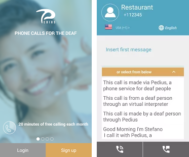 Woman signing a phone call next to text summarizing Pedius product highlights