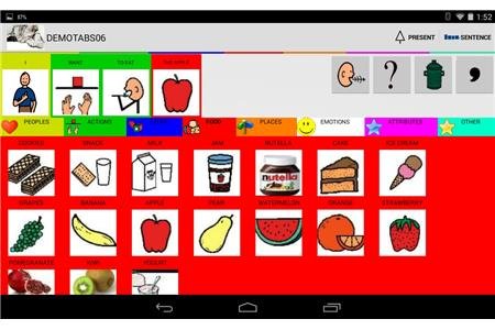 AAC board with food pictograms and the sentence "I want to eat an apple" in the sentence builder.