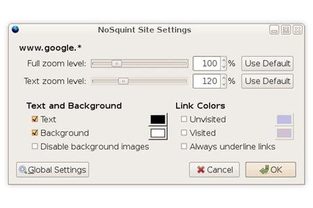Settings menu for Nosquint where a user can adjust the zoom levels, text, background, and link colors.