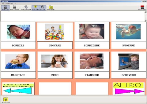 Screenshot of KeyClicker AAC board that has a 3x4 grid of images and symbols.