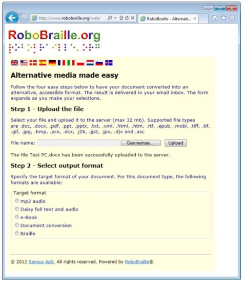 Media upload and output format screen for RoboBraille service.