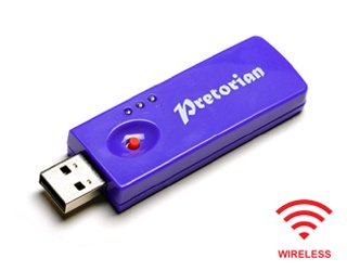 Purple USB device with red button and small LED activation lights.