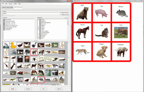 Screenshot of image collection with menu choices on left and a 3x3 grid of animal images on the right.
